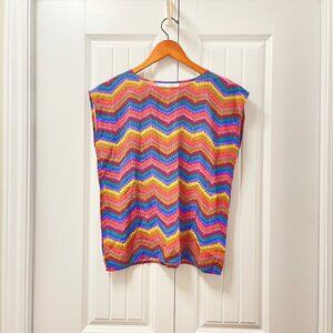 Vintage 100% Silk Chevron Zigzag Blouse Top Rainbow – S